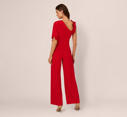Asymmetrical 3D Floral Jumpsuit In Hot Pepper