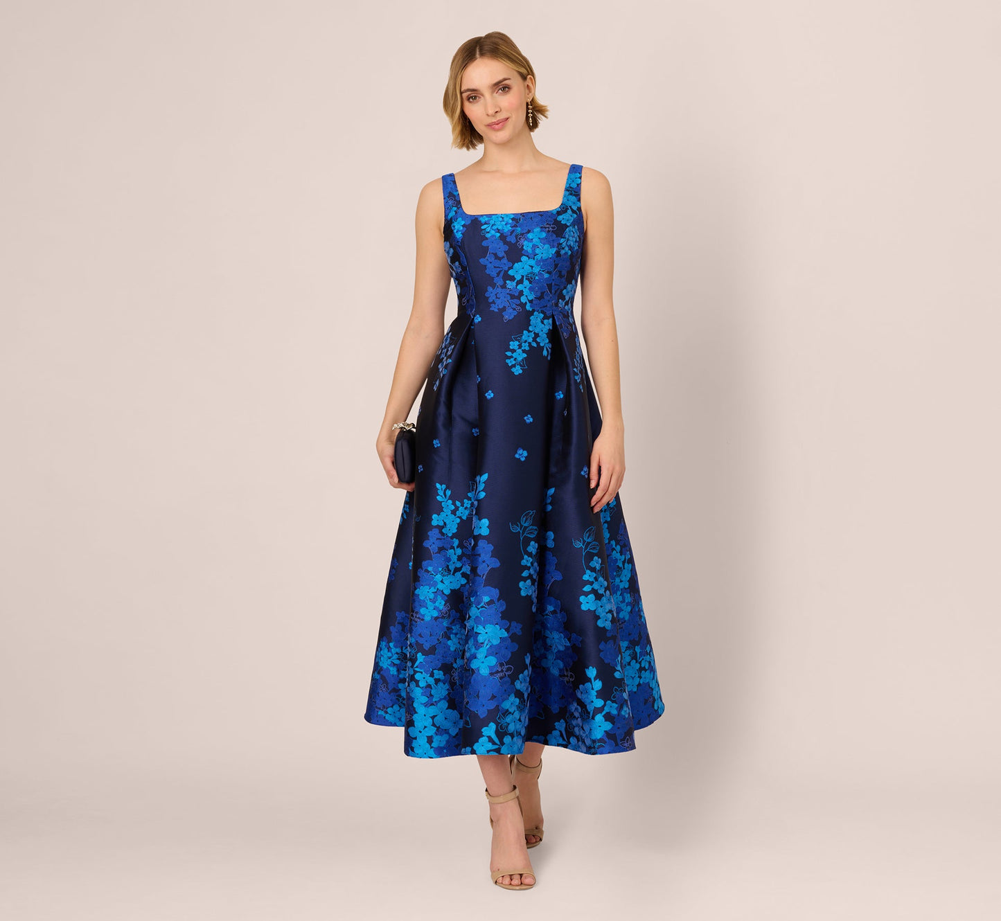 Sleeveless Square Neck Floral Jacquard Midi Dress In Blue Multi