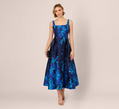 Sleeveless Square Neck Floral Jacquard Midi Dress In Blue Multi