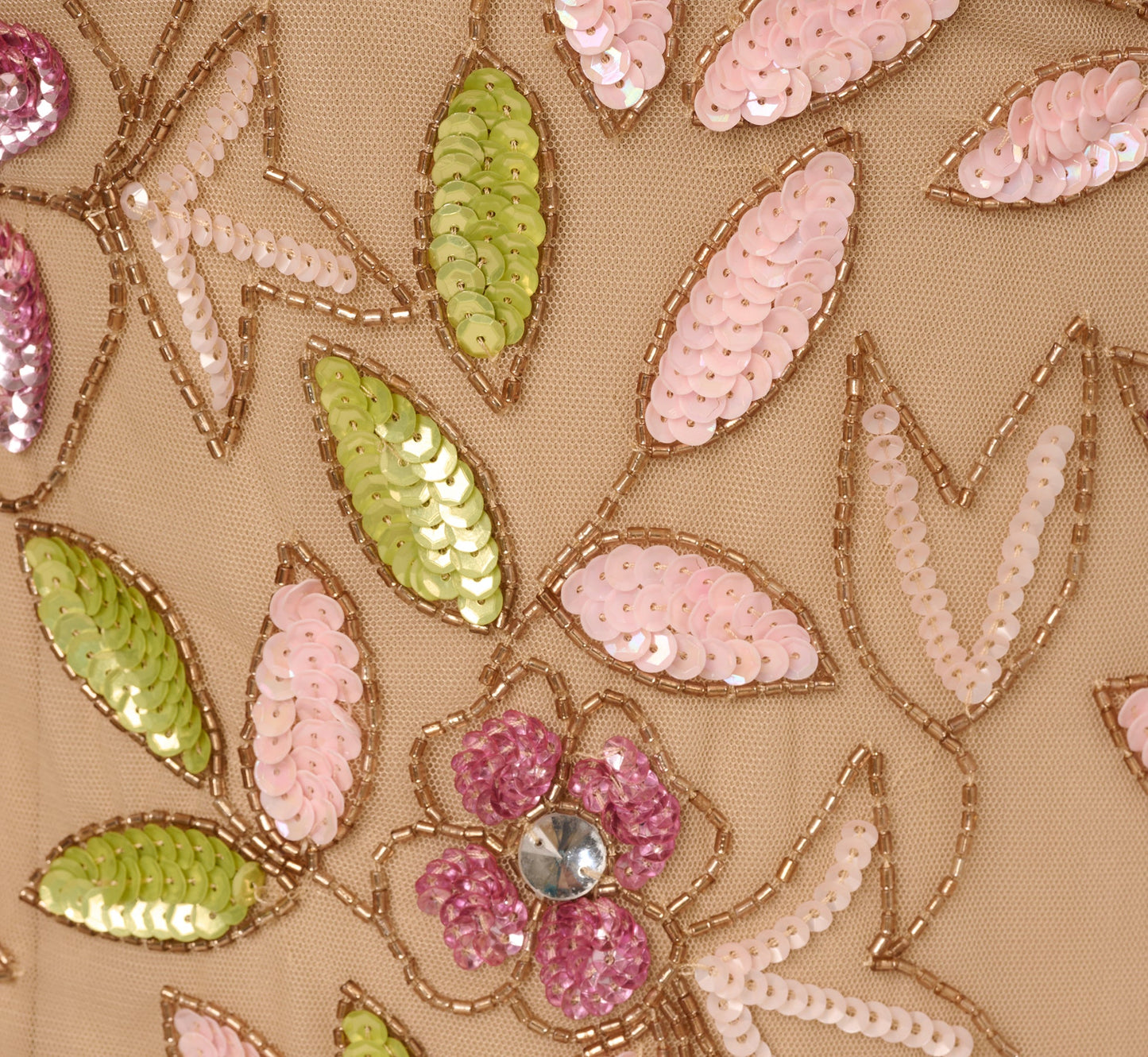 Short Sleeve Vine Beaded Godet Gown In Nude Multi