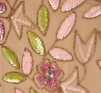 Short Sleeve Vine Beaded Godet Gown In Nude Multi