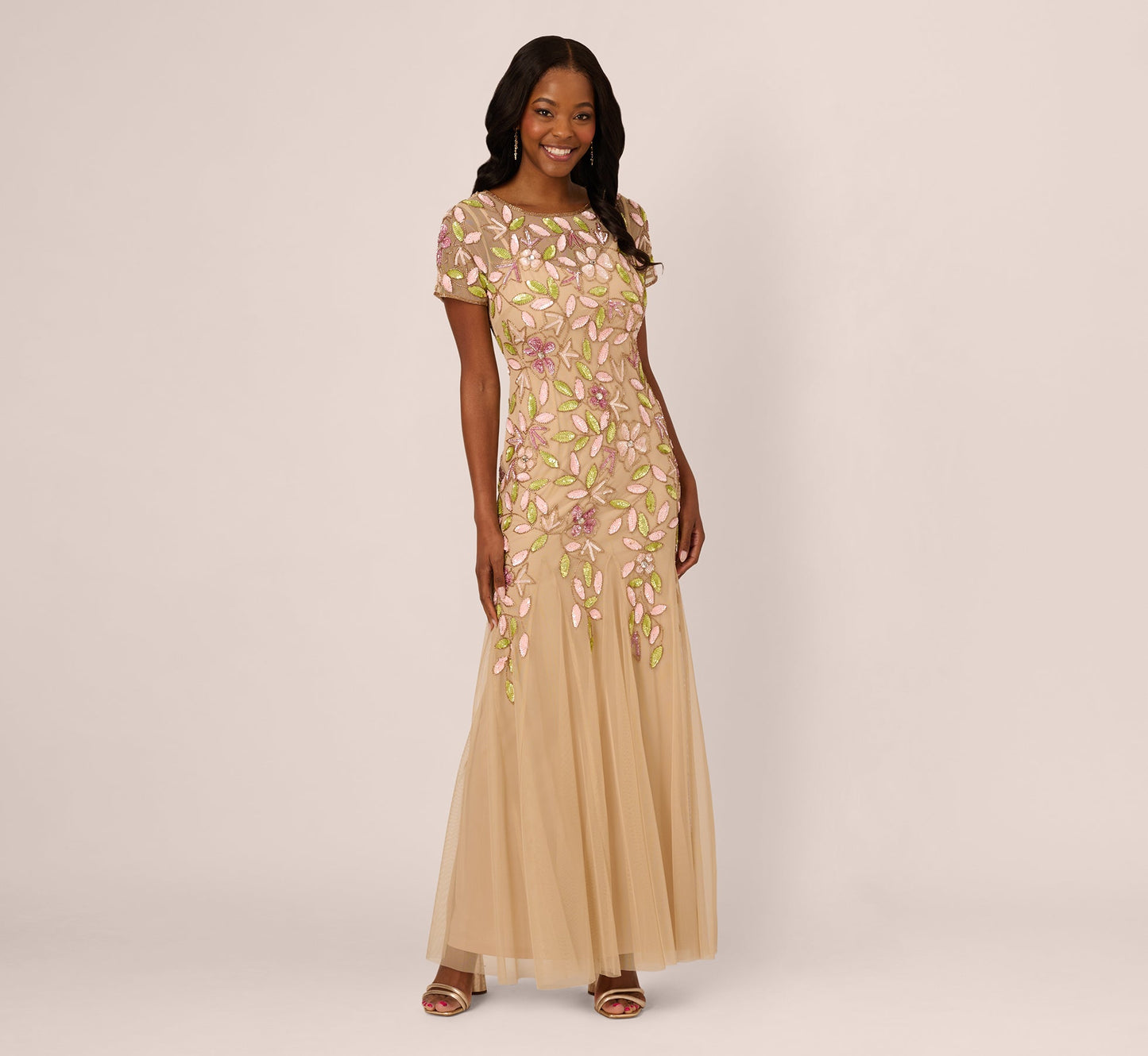 Short Sleeve Vine Beaded Godet Gown In Nude Multi