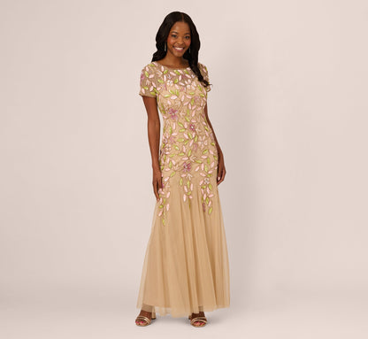 Short Sleeve Vine Beaded Godet Gown In Nude Multi