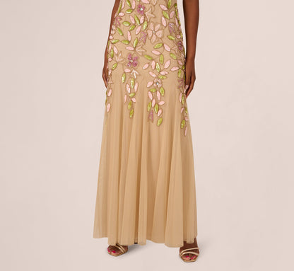 Short Sleeve Vine Beaded Godet Gown In Nude Multi