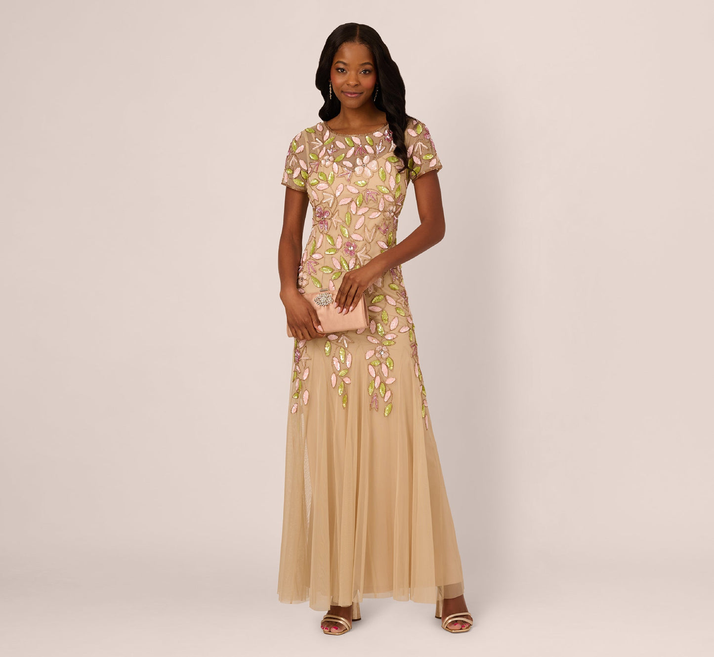 Short Sleeve Vine Beaded Godet Gown In Nude Multi