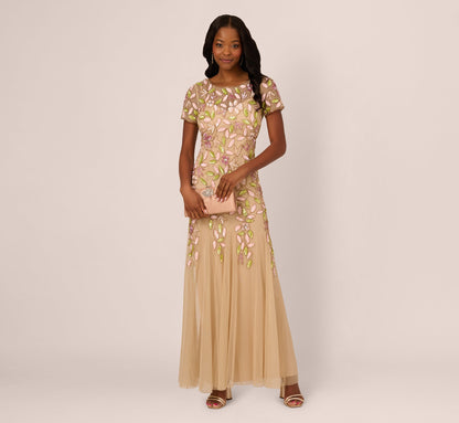 Short Sleeve Vine Beaded Godet Gown In Nude Multi