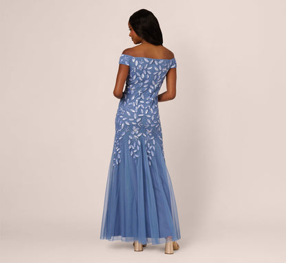 Off Shoulder Floral Beaded Godet Gown In French Blue