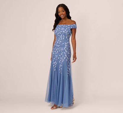 Off Shoulder Floral Beaded Godet Gown In French Blue