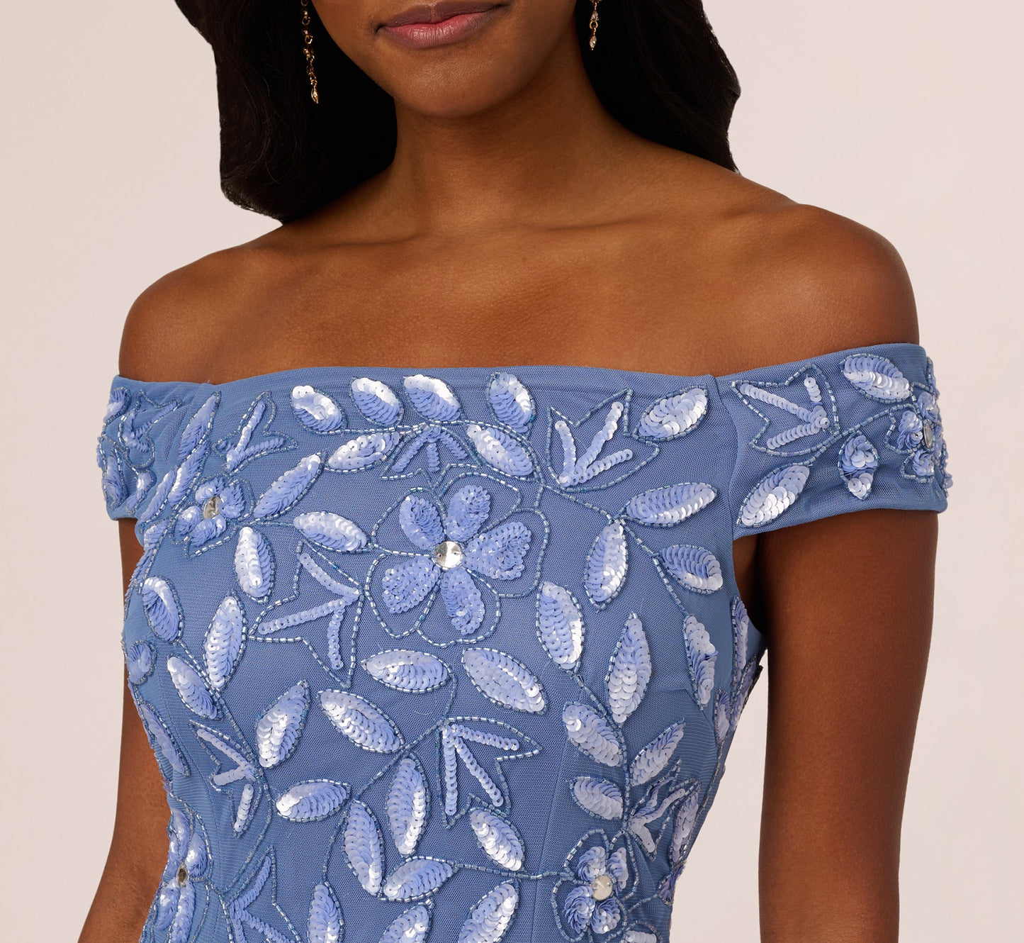 Off Shoulder Floral Beaded Godet Gown In French Blue