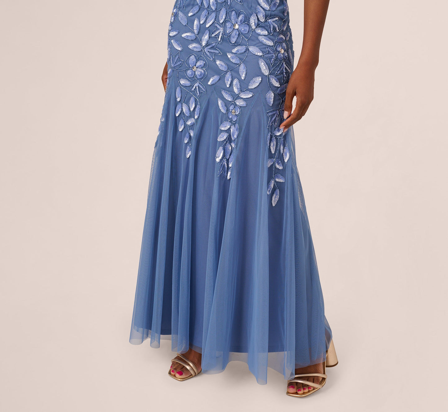 Off Shoulder Floral Beaded Godet Gown In French Blue