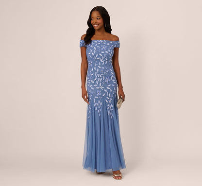 Off Shoulder Floral Beaded Godet Gown In French Blue