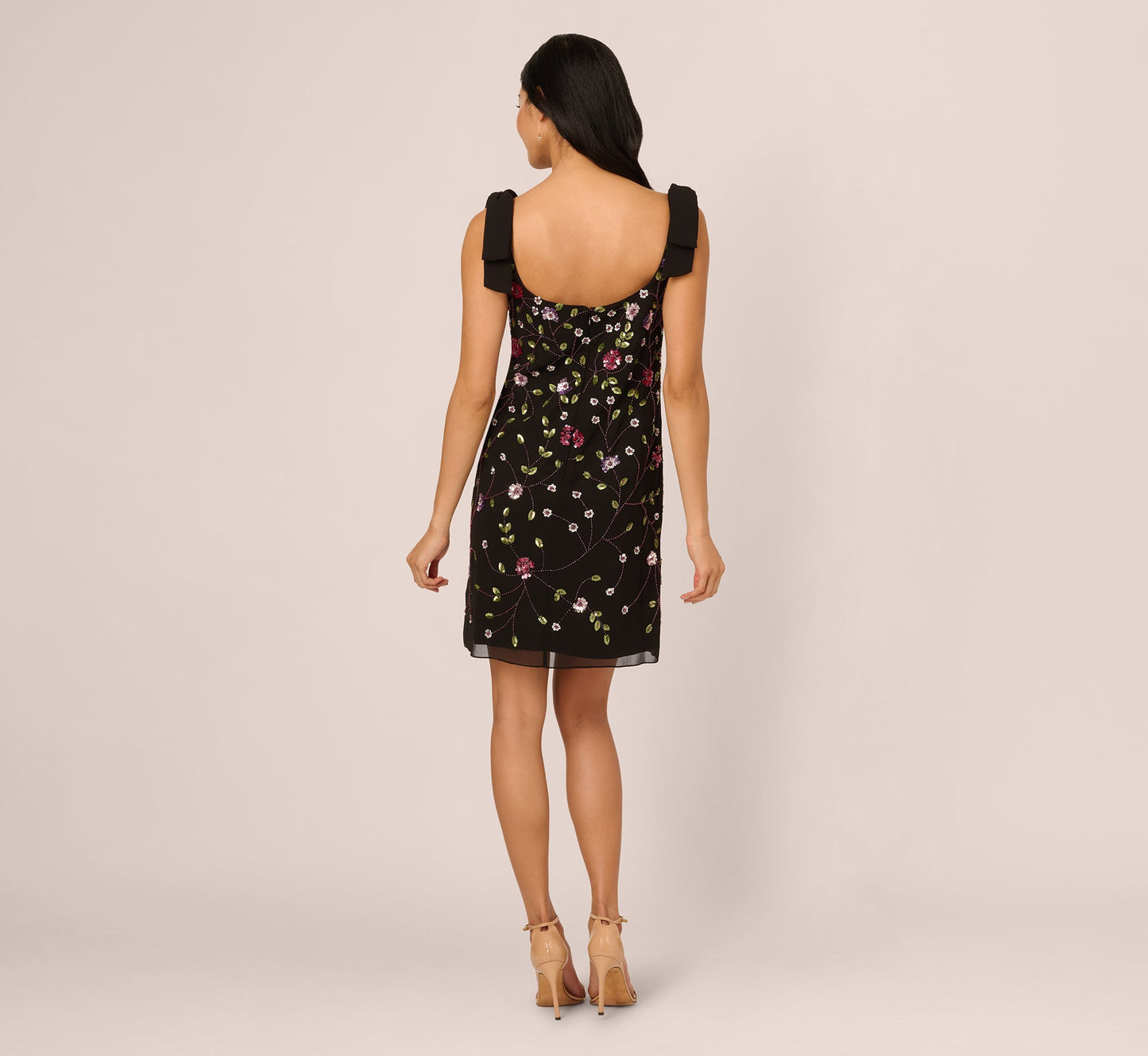 Bow Shoulder Floral Beaded Sheath Dress In Black Multi
