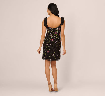 Bow Shoulder Floral Beaded Sheath Dress In Black Multi