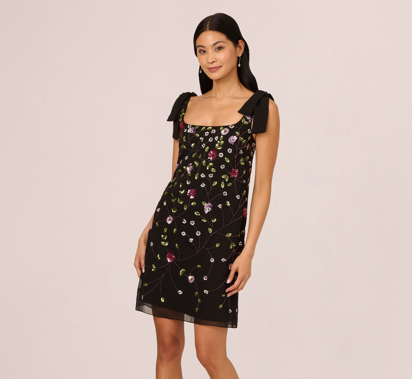 Bow Shoulder Floral Beaded Sheath Dress In Black Multi