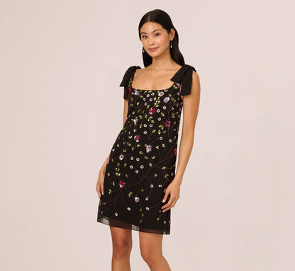 Bow Shoulder Floral Beaded Sheath Dress In Black Multi