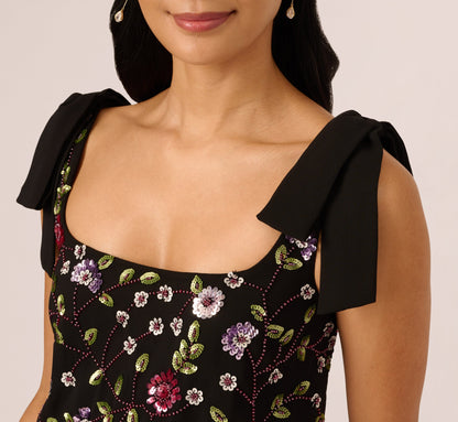 Bow Shoulder Floral Beaded Sheath Dress In Black Multi
