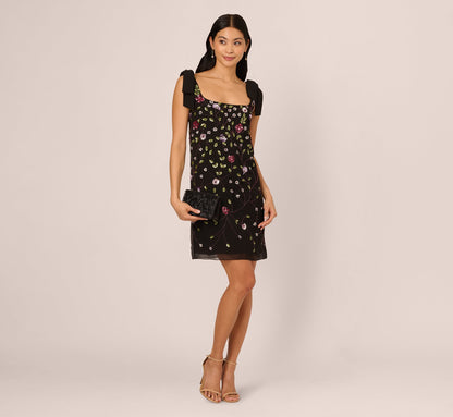 Bow Shoulder Floral Beaded Sheath Dress In Black Multi