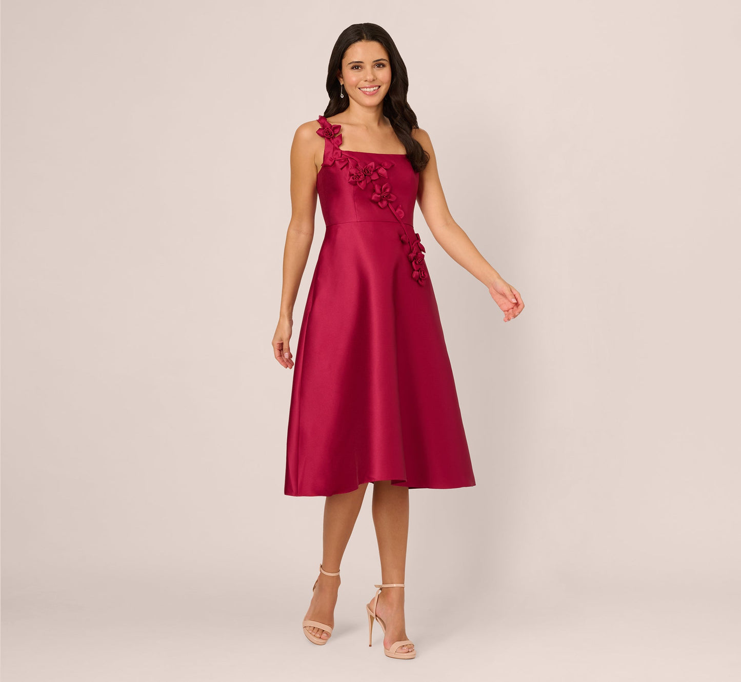 Sleeveless 3D Flower Mikado Midi Dress In Red Plum