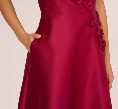 Sleeveless 3D Flower Mikado Midi Dress In Red Plum