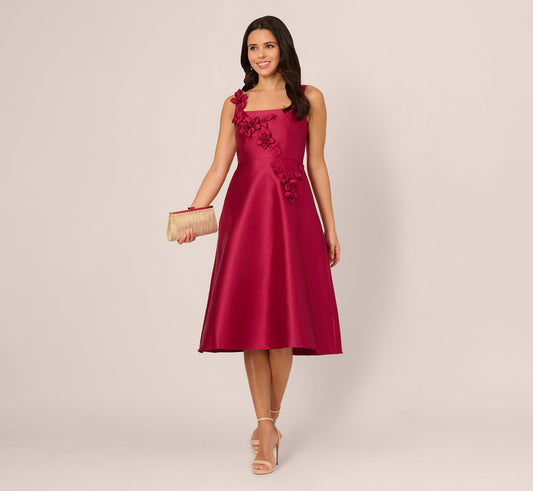 Sleeveless 3D Flower Mikado Midi Dress In Red Plum