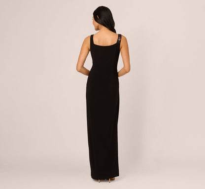 Sleeveless Asymmetrical Floral Beaded Jersey Gown In Black Multi