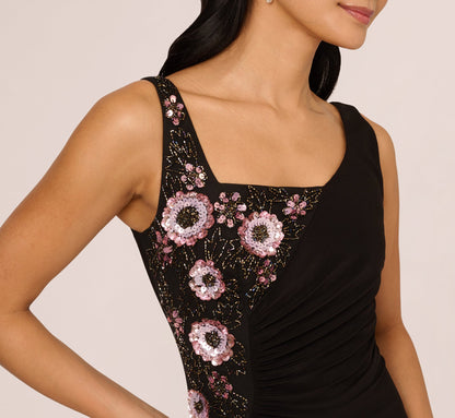 Sleeveless Asymmetrical Floral Beaded Jersey Gown In Black Multi