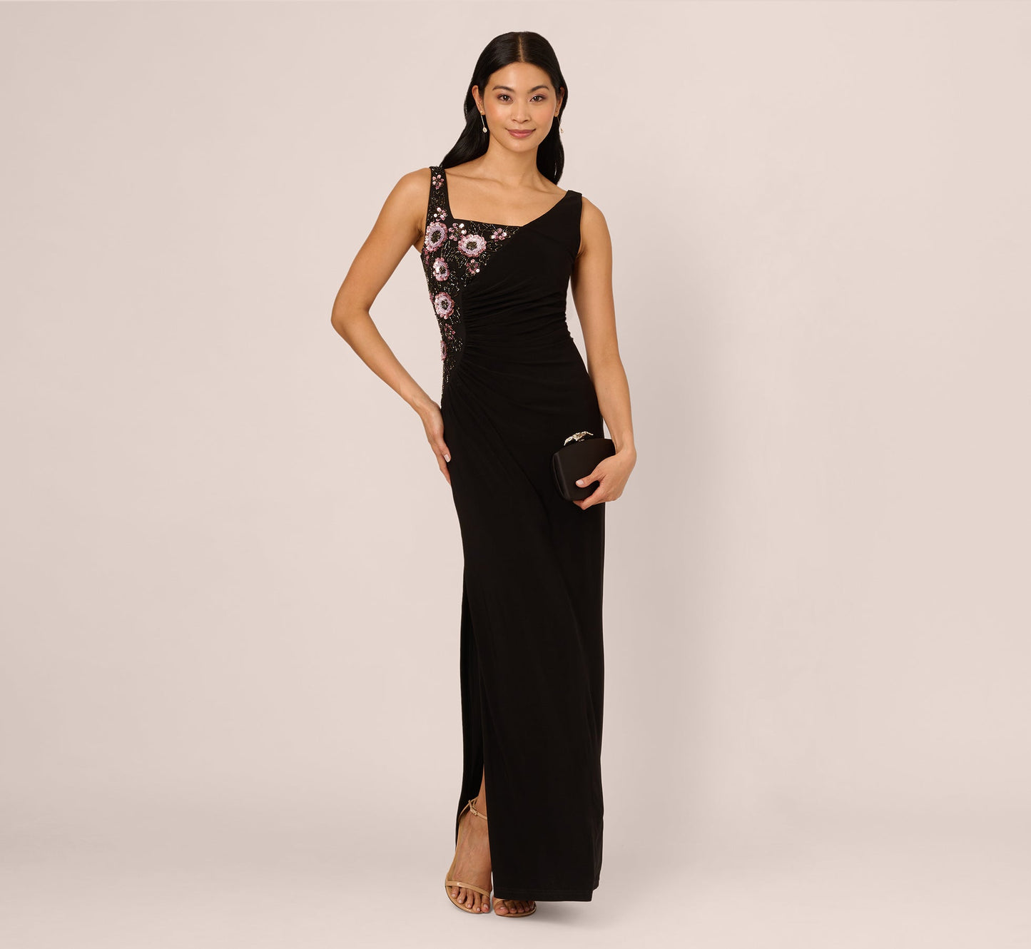 Sleeveless Asymmetrical Floral Beaded Jersey Gown In Black Multi