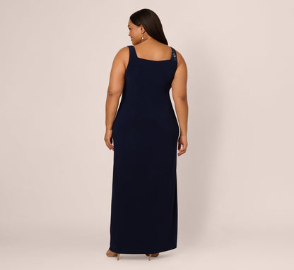 Plus Size Sleeveless Asymmetrical Floral Beaded Jersey Gown In Midnight Multi