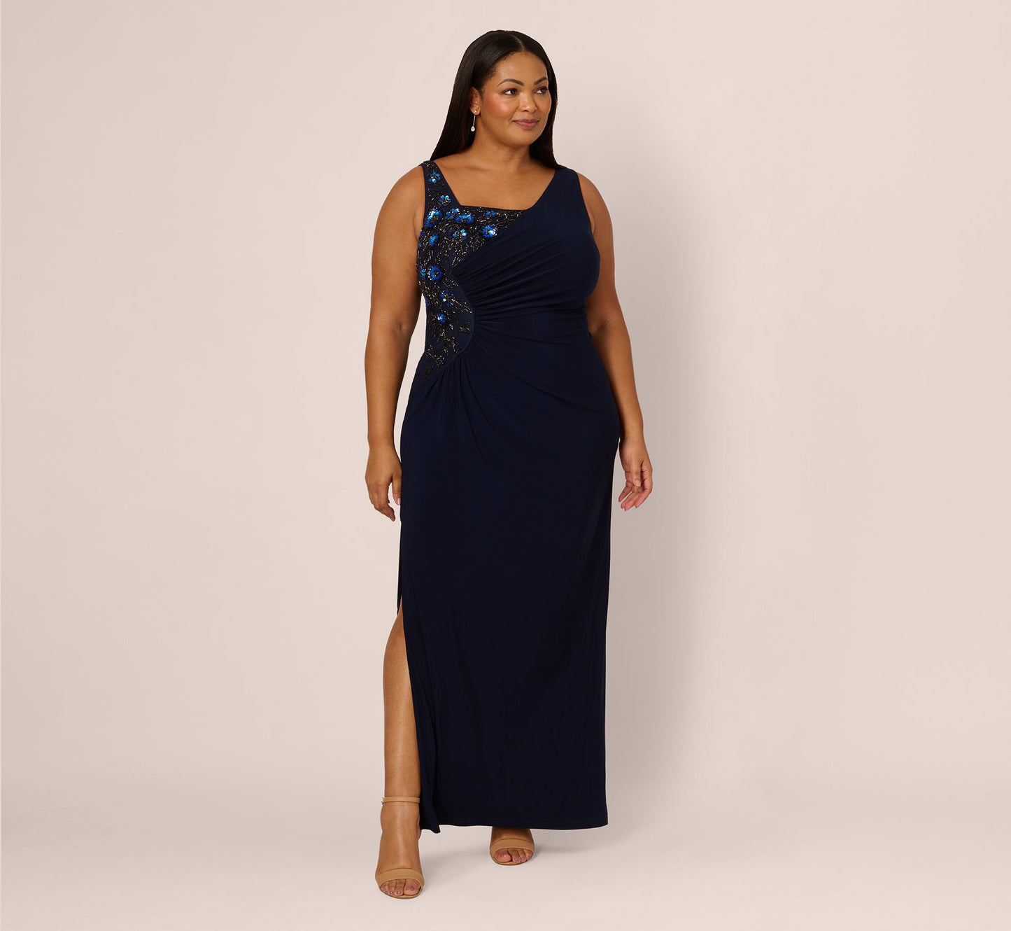 Plus Size Sleeveless Asymmetrical Floral Beaded Jersey Gown In Midnight Multi