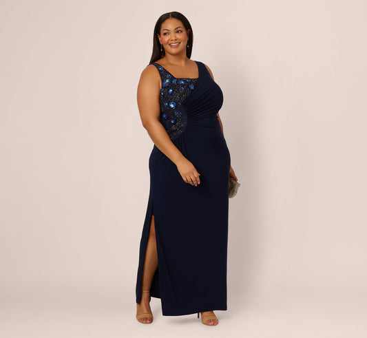 Plus Size Sleeveless Asymmetrical Floral Beaded Jersey Gown In Midnight Multi