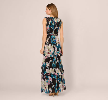 Sleeveless Floral Chiffon High Low Ruffle Gown In Black Multi