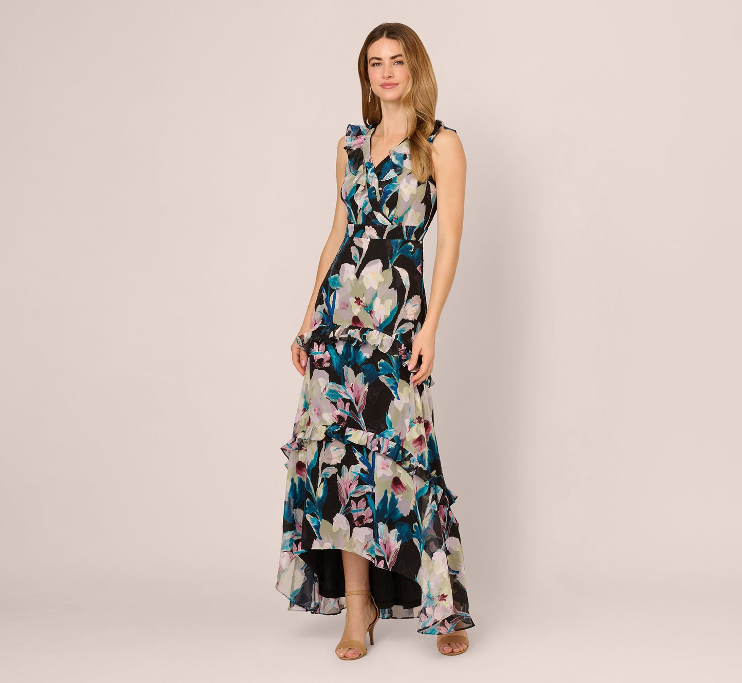 Sleeveless Floral Chiffon High Low Ruffle Gown In Black Multi
