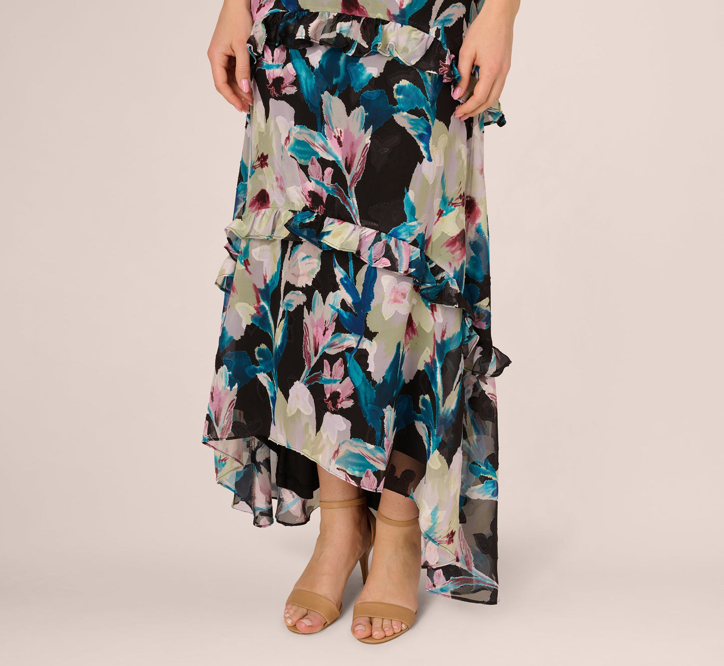 Sleeveless Floral Chiffon High Low Ruffle Gown In Black Multi