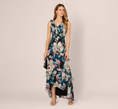 Sleeveless Floral Chiffon High Low Ruffle Gown In Black Multi