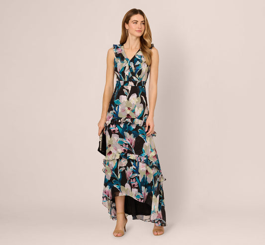Sleeveless Floral Chiffon High Low Ruffle Gown In Black Multi