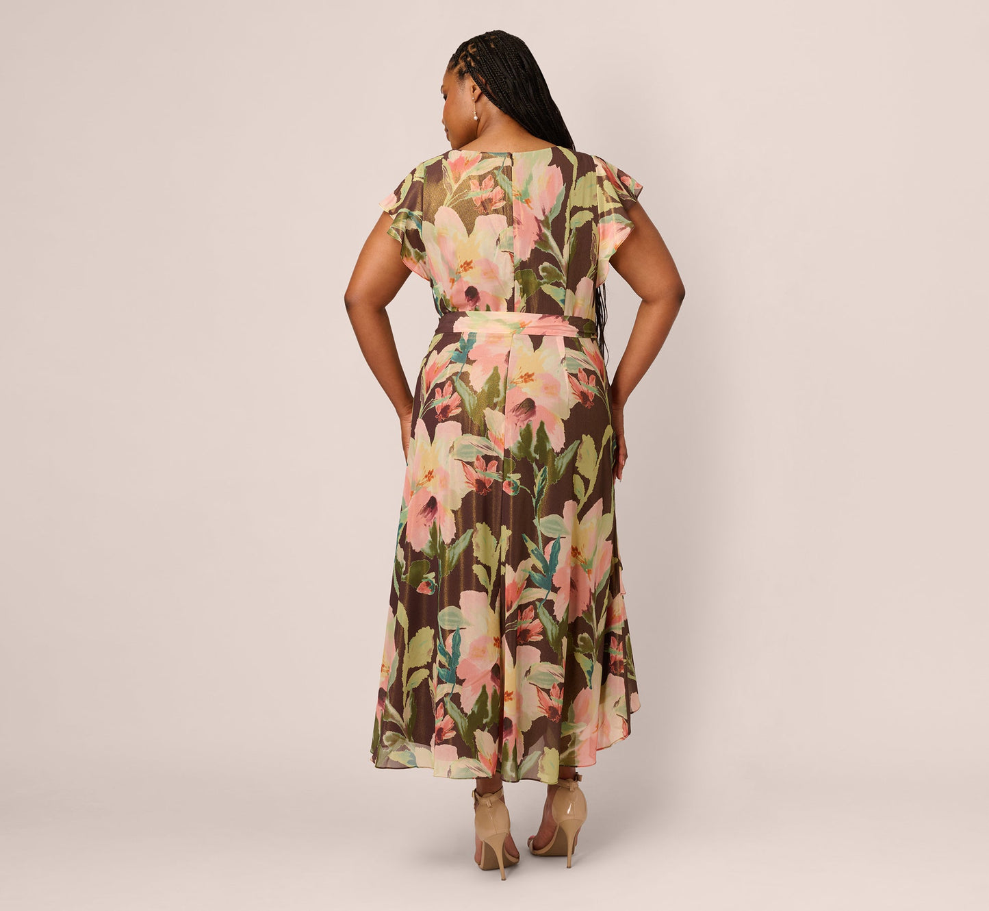 Plus Size Flutter Sleeve High Low Midi Wrap Dress In Brown Multi