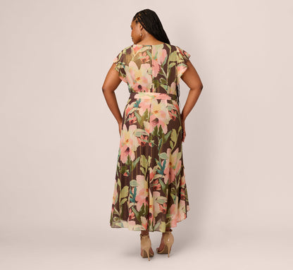 Plus Size Flutter Sleeve High Low Midi Wrap Dress In Brown Multi