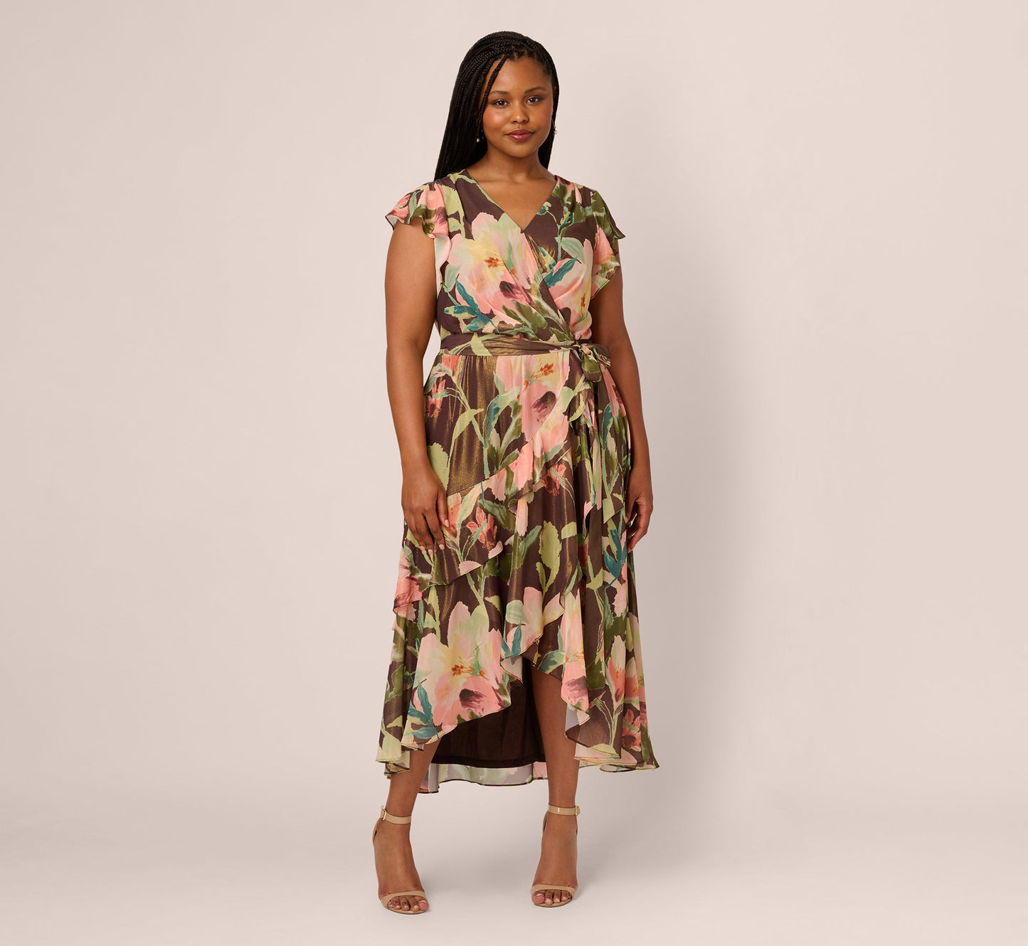 Plus Size Flutter Sleeve High Low Midi Wrap Dress In Brown Multi