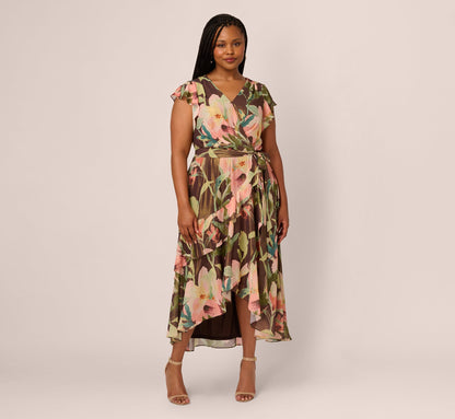 Plus Size Flutter Sleeve High Low Midi Wrap Dress In Brown Multi