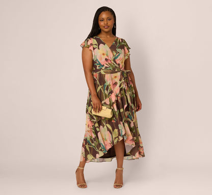 Plus Size Flutter Sleeve High Low Midi Wrap Dress In Brown Multi