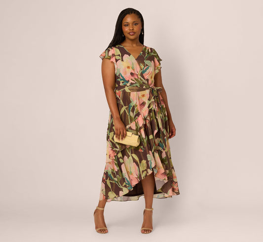 Plus Size Flutter Sleeve High Low Midi Wrap Dress In Brown Multi