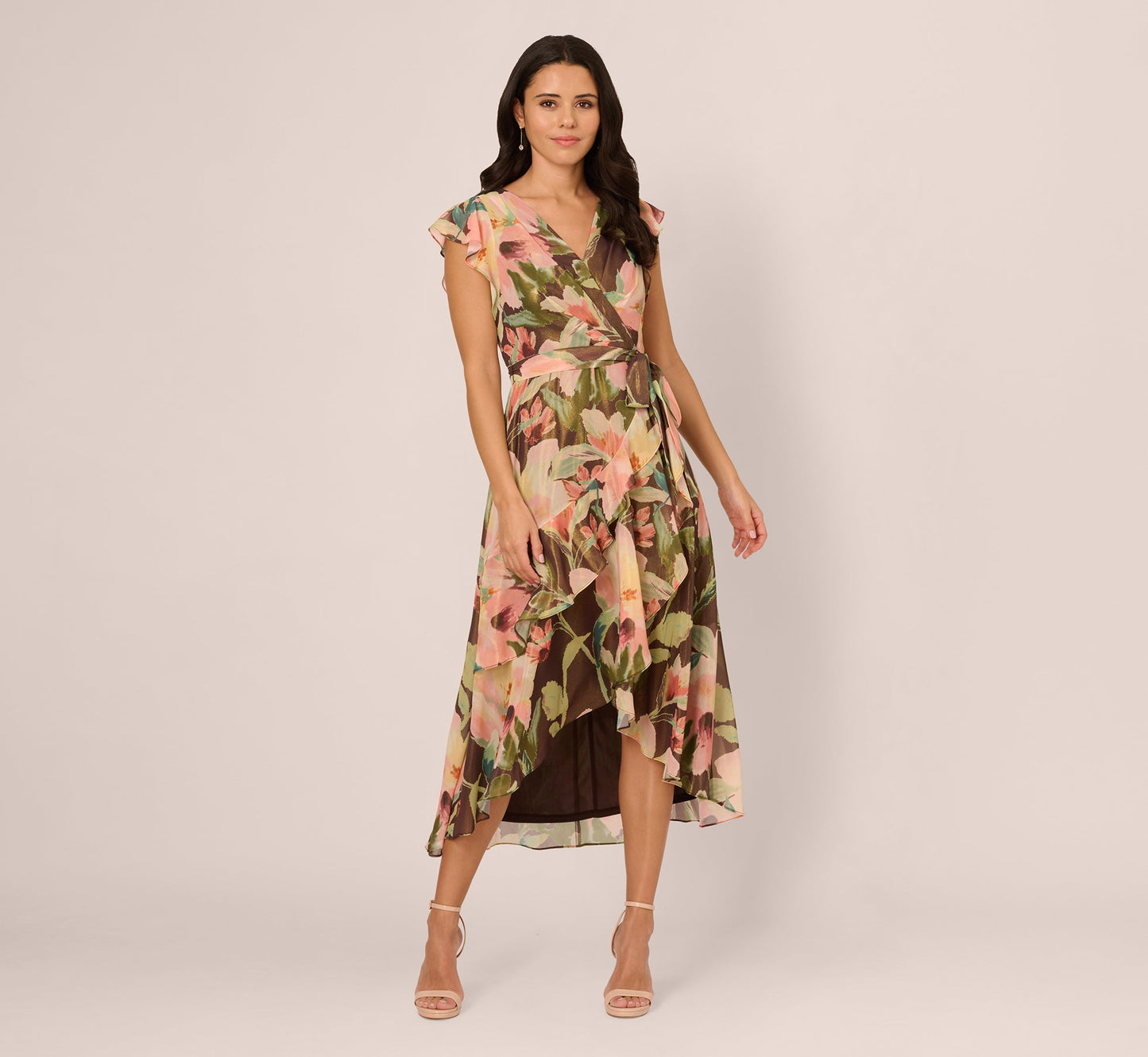 Flutter Sleeve High Low Midi Wrap Dress In Brown Multi