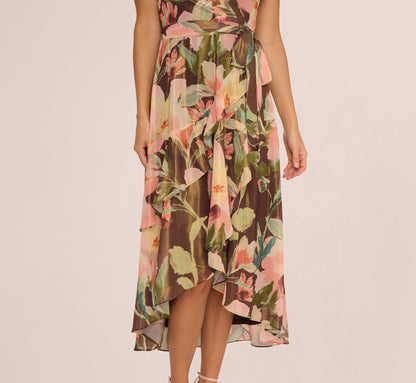 Flutter Sleeve High Low Midi Wrap Dress In Brown Multi