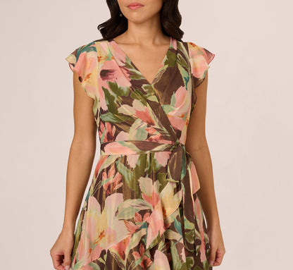 Flutter Sleeve High Low Midi Wrap Dress In Brown Multi