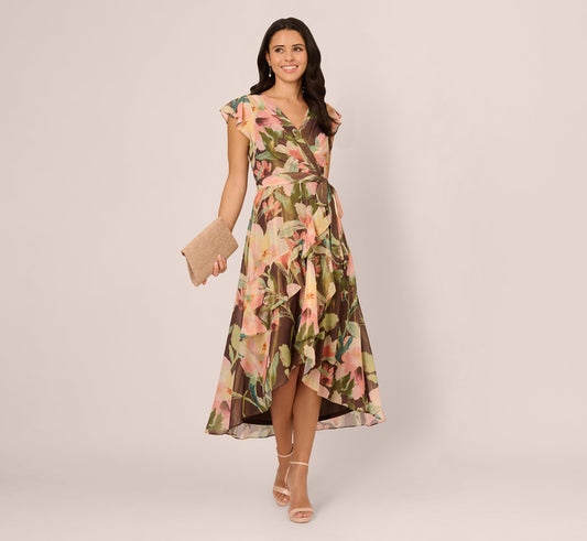 Flutter Sleeve High Low Midi Wrap Dress In Brown Multi