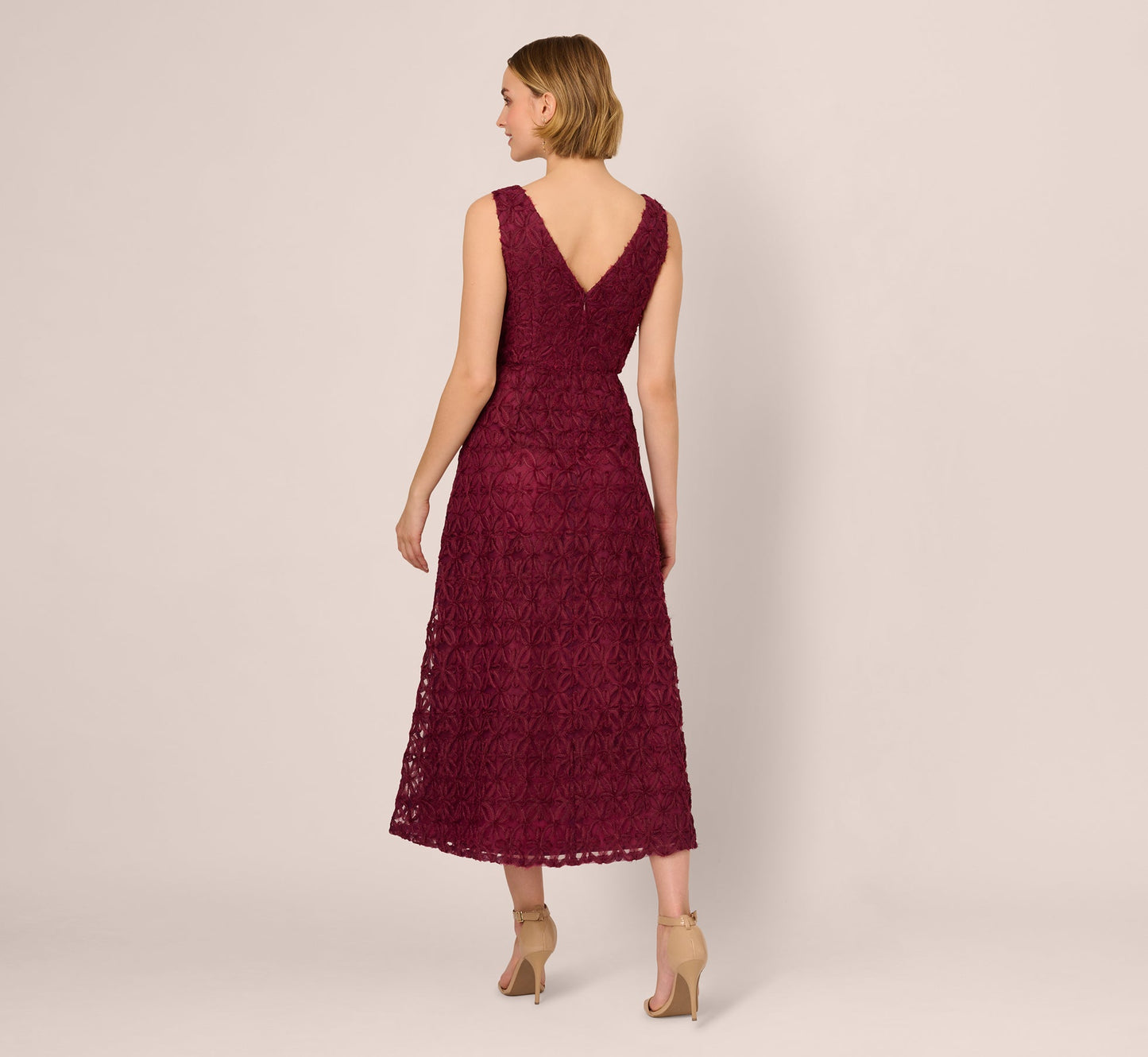 Sleeveless Soutache Embroidered Midi Dress In Light Wine