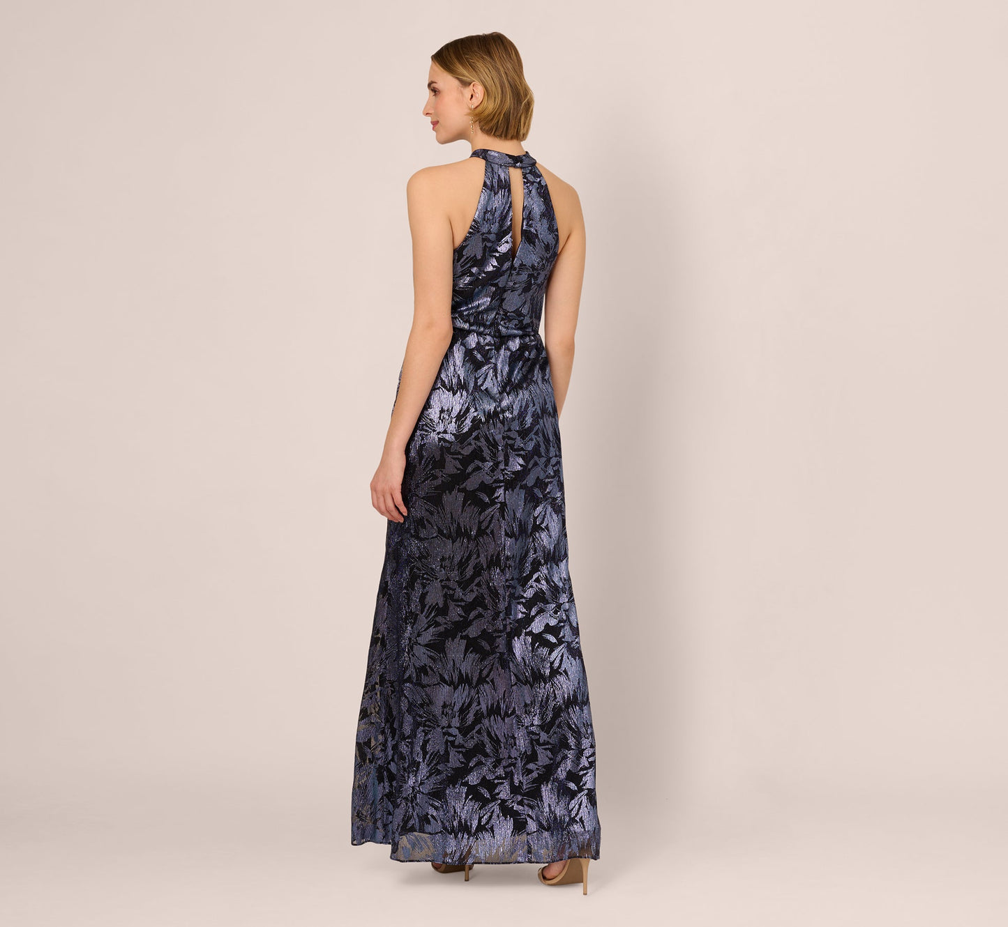 Crinkle Metallic Keyhole Halter Ruffle Gown In Navy