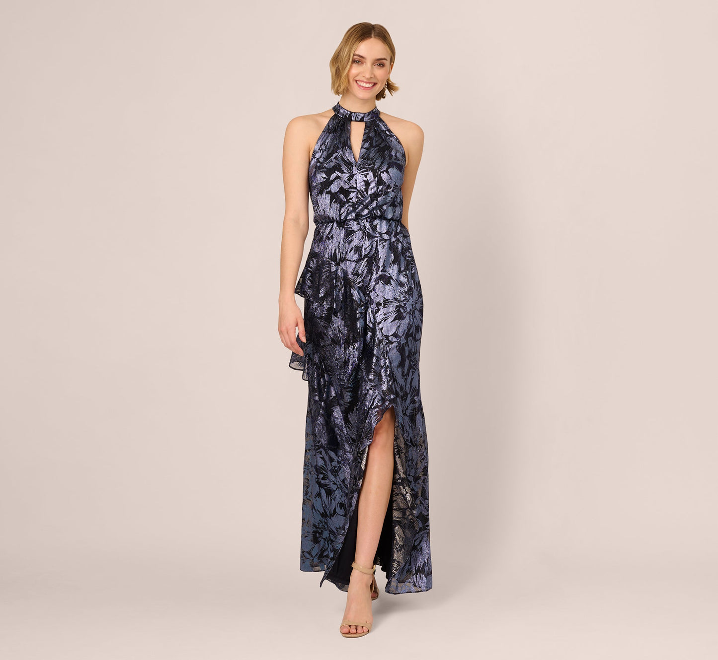 Crinkle Metallic Keyhole Halter Ruffle Gown In Navy