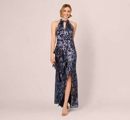 Crinkle Metallic Keyhole Halter Ruffle Gown In Navy