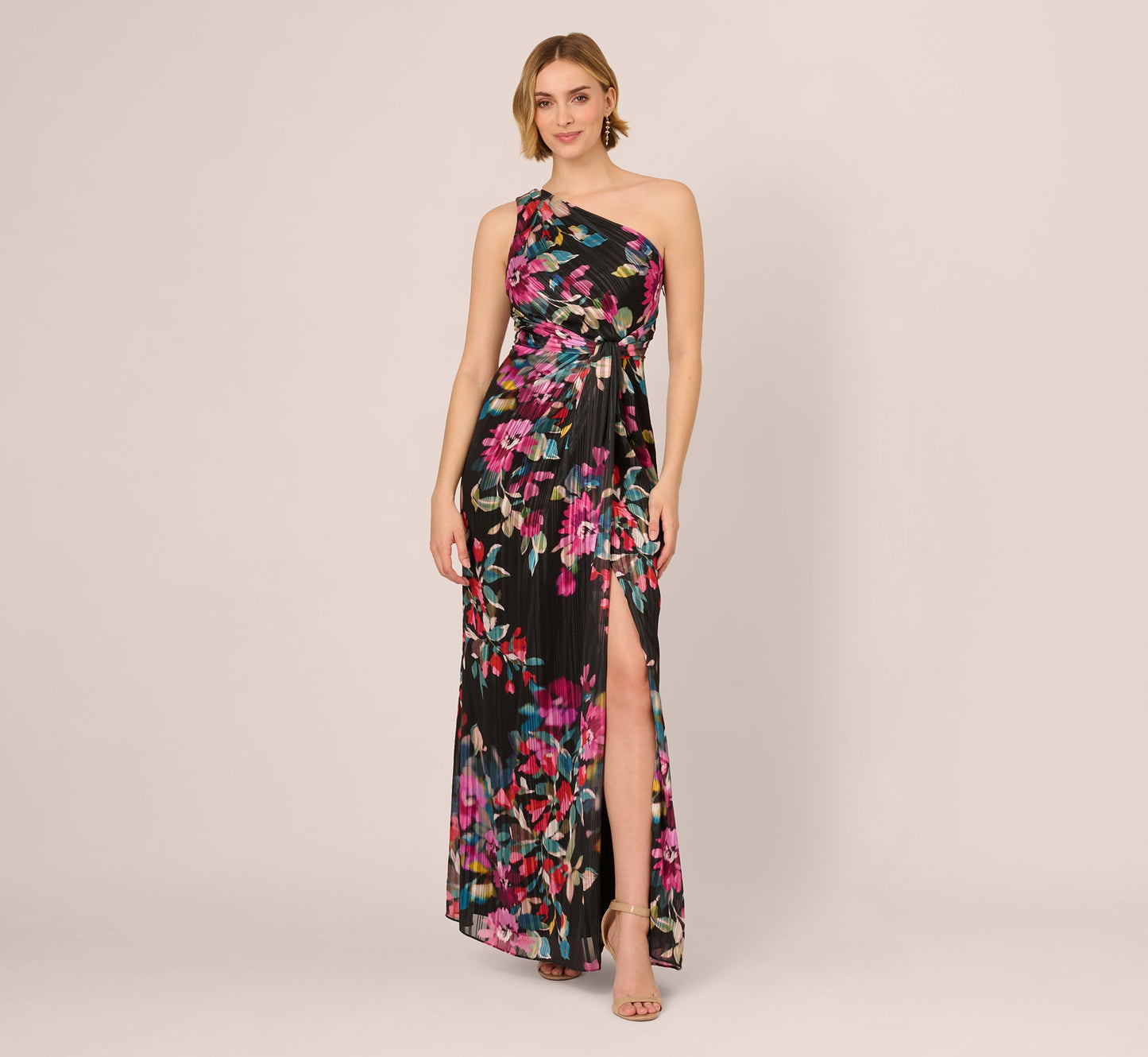 One Shoulder Metallic Floral Stripe Gown In Black Multi